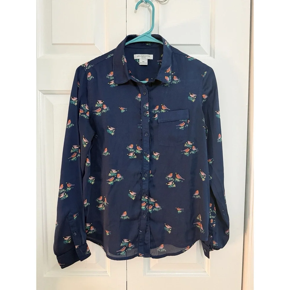 Liz Claiborne Button Front Womens Sz PS Petites Navy Bird Print Long Sleeve Top